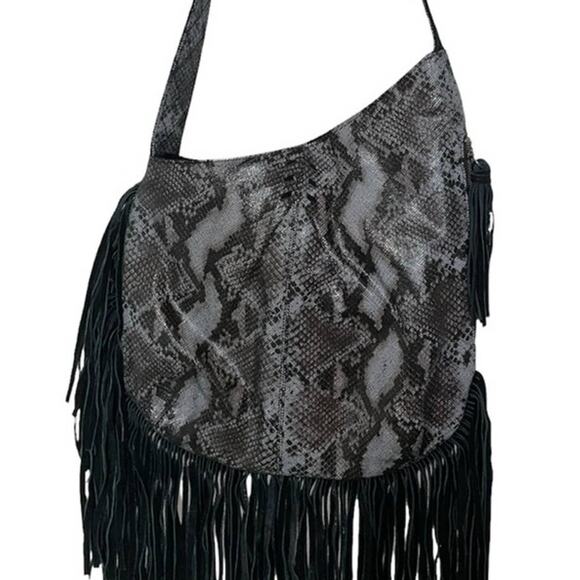 Camila Alves MUXO Black Snakeskin Print Fringe Leather Hobo Bag - Picture 2 of 16